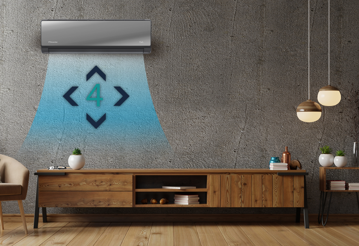 Στη φωτογραφία απεικονίζεται ένα σαλόνι με το κλιματιστικό της Inventor στον τοίχο, σε λειτουργία, με μπλέ σχέδιο κάτω από τις περσίδες του που δείχνει την 4 κινήσεις του αέρα. 